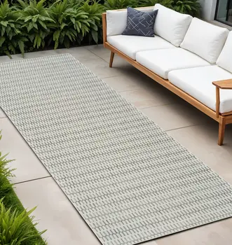 10' Cream and Beige Geometric Distressed Indoor Outdoor Runner Rug