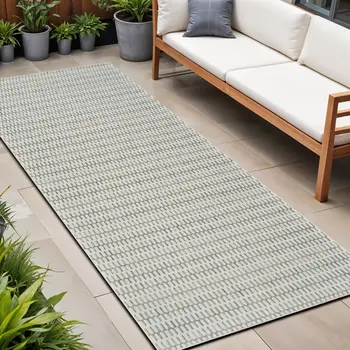 8' Cream and Beige Geometric Distressed Indoor Outdoor Runner Rug