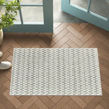 3' X 5' Cream and Beige Geometric Distressed Indoor Outdoor Area Rug