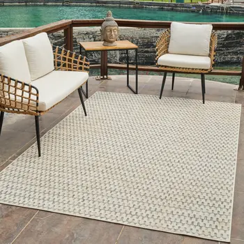 5' X 7' Cream and Beige Geometric Distressed Indoor Outdoor Area Rug