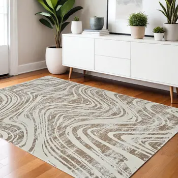 4' X 6' Beige and Brown Abstract Distressed Area Rug