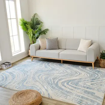 8' X 11' Blue and Beige Abstract Distressed Area Rug