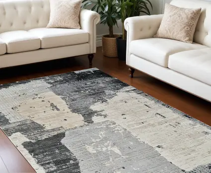 8' X 11' Beige and Black Abstract Distressed Area Rug