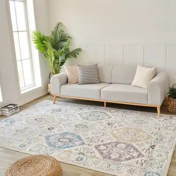 5' X 8' Beige and Gray Abstract Distressed Area Rug