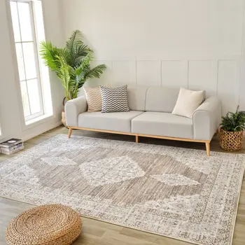 4' X 6' Beige and Brown Abstract Distressed Area Rug