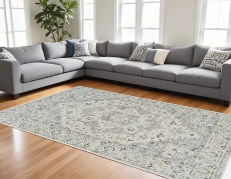 8' X 11' Gray and Beige Oriental Distressed Area Rug