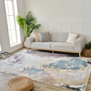 4' X 6' Beige and Blue Abstract Distressed Area Rug
