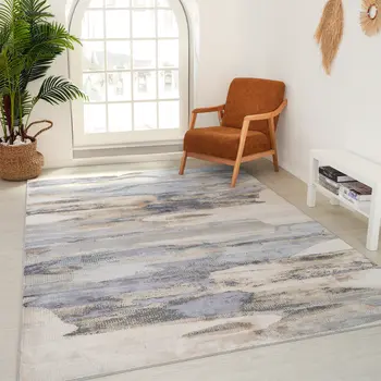7' X 10' Gray Blue and Beige Abstract Worn Faded Area Rug