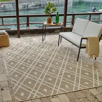 4' X 6' Cream and Brown Geometric Distressed Indoor Outdoor Area Rug