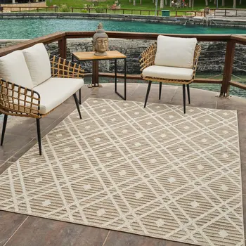 4' X 6' Cream and Brown Geometric Distressed Indoor Outdoor Area Rug