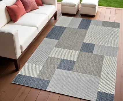 4' X 6' Gray And Blue Geometric Distressed Indoor Outdoor Area Rug