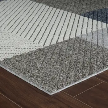 4' X 6' Gray And Blue Geometric Distressed Indoor Outdoor Area Rug