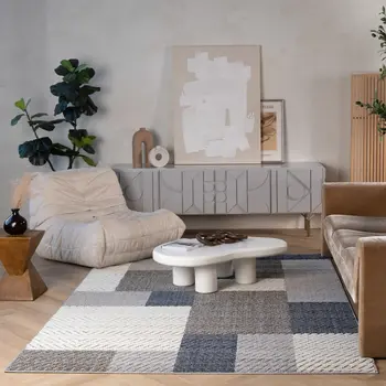 5' X 8' Gray And Blue Geometric Distressed Indoor Outdoor Area Rug