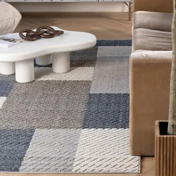 5' X 8' Gray And Blue Geometric Distressed Indoor Outdoor Area Rug
