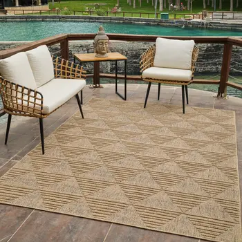 7' X 10' Beige and Brown Geometric Distressed Indoor Outdoor Area Rug