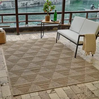 7' X 10' Beige and Brown Geometric Distressed Indoor Outdoor Area Rug