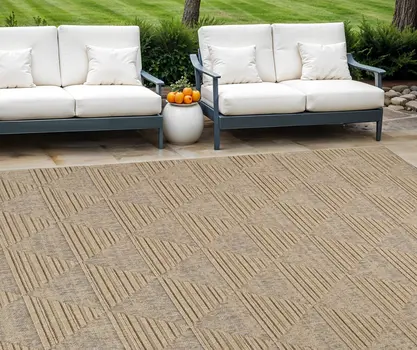 7' X 10' Beige and Brown Geometric Distressed Indoor Outdoor Area Rug