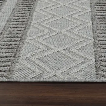 7' X 10' Beige And Gray Striped Distressed Indoor Outdoor Area Rug