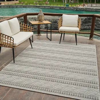 8' X 11' Beige And Gray Striped Distressed Indoor Outdoor Area Rug
