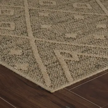 7' X 10' Beige and Brown Geometric Distressed Indoor Outdoor Area Rug