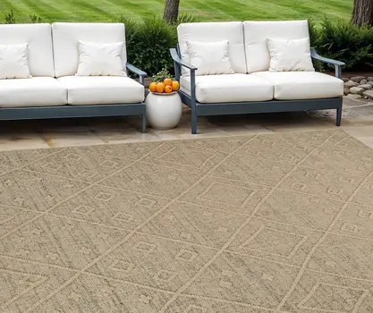 8' X 11' Beige and Brown Geometric Distressed Indoor Outdoor Area Rug