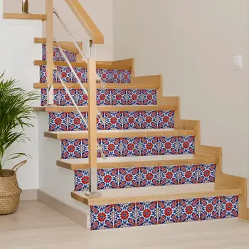 4" x 4" Red Steel Blue and White Smoke Aleck Mosaic Peel and Stick Removable Tiles