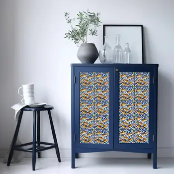 7" x 7" Blue Goldenrod Orange and White Smoke Amina Mosaic Peel and Stick Removable Tiles