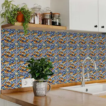 12" x 12" Blue Goldenrod Orange and White Smoke Amina Mosaic Peel and Stick Removable Tiles