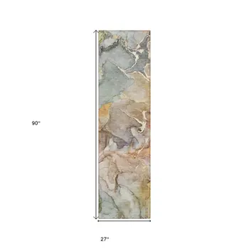 2' X 8' Gray and Gold Abstract Washable Non Skid Indoor Outdoor Area Rug