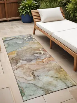 2' X 8' Gray and Gold Abstract Washable Non Skid Indoor Outdoor Area Rug