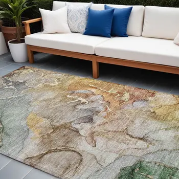 8' X 10' Gray and Gold Abstract Washable Non Skid Indoor Outdoor Area Rug