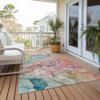 5' X 8' Blue Abstract Washable Non Skid Indoor Outdoor Area Rug