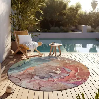 8' Round Blue Round Abstract Washable Non Skid Indoor Outdoor Area Rug