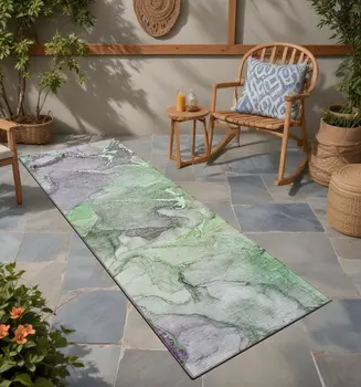 8' Runner Green Abstract Washable Non Skid Indoor Outdoor Runner Rug