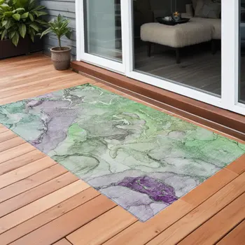 3' X 5' Green Abstract Washable Non Skid Indoor Outdoor Area Rug