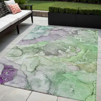 5' X 8' Green Abstract Washable Non Skid Indoor Outdoor Area Rug