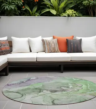 8' Round Green Round Abstract Washable Non Skid Indoor Outdoor Area Rug