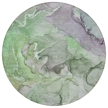 8' Round Green Round Abstract Washable Non Skid Indoor Outdoor Area Rug
