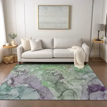10' X 14' Green Abstract Washable Non Skid Indoor Outdoor Area Rug