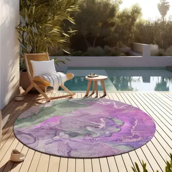 8' Round Purple Round Abstract Washable Non Skid Indoor Outdoor Area Rug