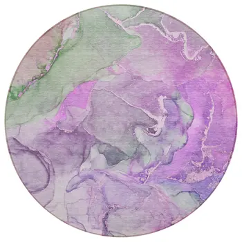 8' Round Purple Round Abstract Washable Non Skid Indoor Outdoor Area Rug