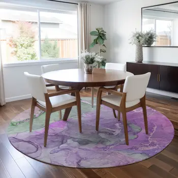 8' Round Purple Round Abstract Washable Non Skid Indoor Outdoor Area Rug
