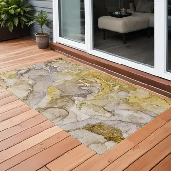 3' X 5' Taupe Abstract Washable Non Skid Indoor Outdoor Area Rug