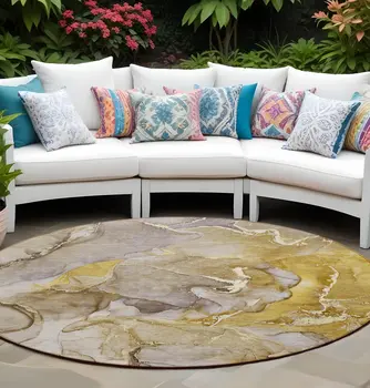 8' Round Taupe Round Abstract Washable Non Skid Indoor Outdoor Area Rug