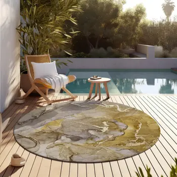 8' Round Taupe Round Abstract Washable Non Skid Indoor Outdoor Area Rug