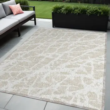 5' X 8' Beige and Ivory Abstract Washable Non Skid Indoor Outdoor Area Rug