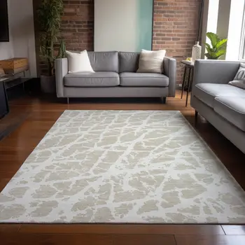 9' X 12' Beige and Ivory Abstract Washable Non Skid Indoor Outdoor Area Rug
