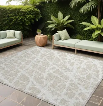 10' X 14' Beige and Ivory Abstract Washable Non Skid Indoor Outdoor Area Rug