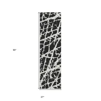 8' Runner Black and White Abstract Washable Non Skid Indoor Outdoor Runner Rug