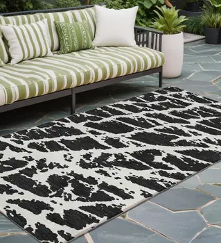 8' Runner Black and White Abstract Washable Non Skid Indoor Outdoor Runner Rug